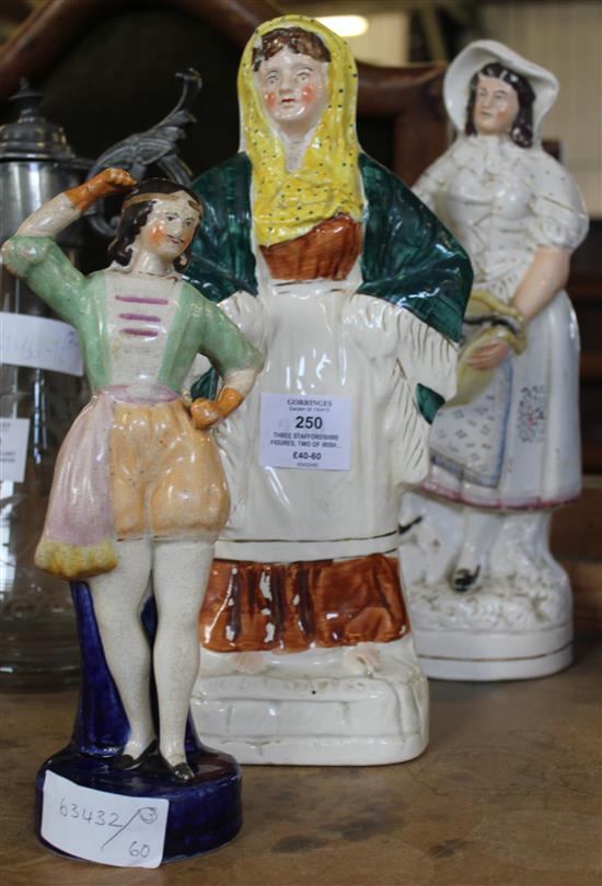 Three Staffordshire figures, two of Irish ladies